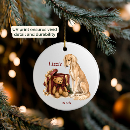 Personalized Saluki (Fawn) ornament hanging on a lit Christmas tree