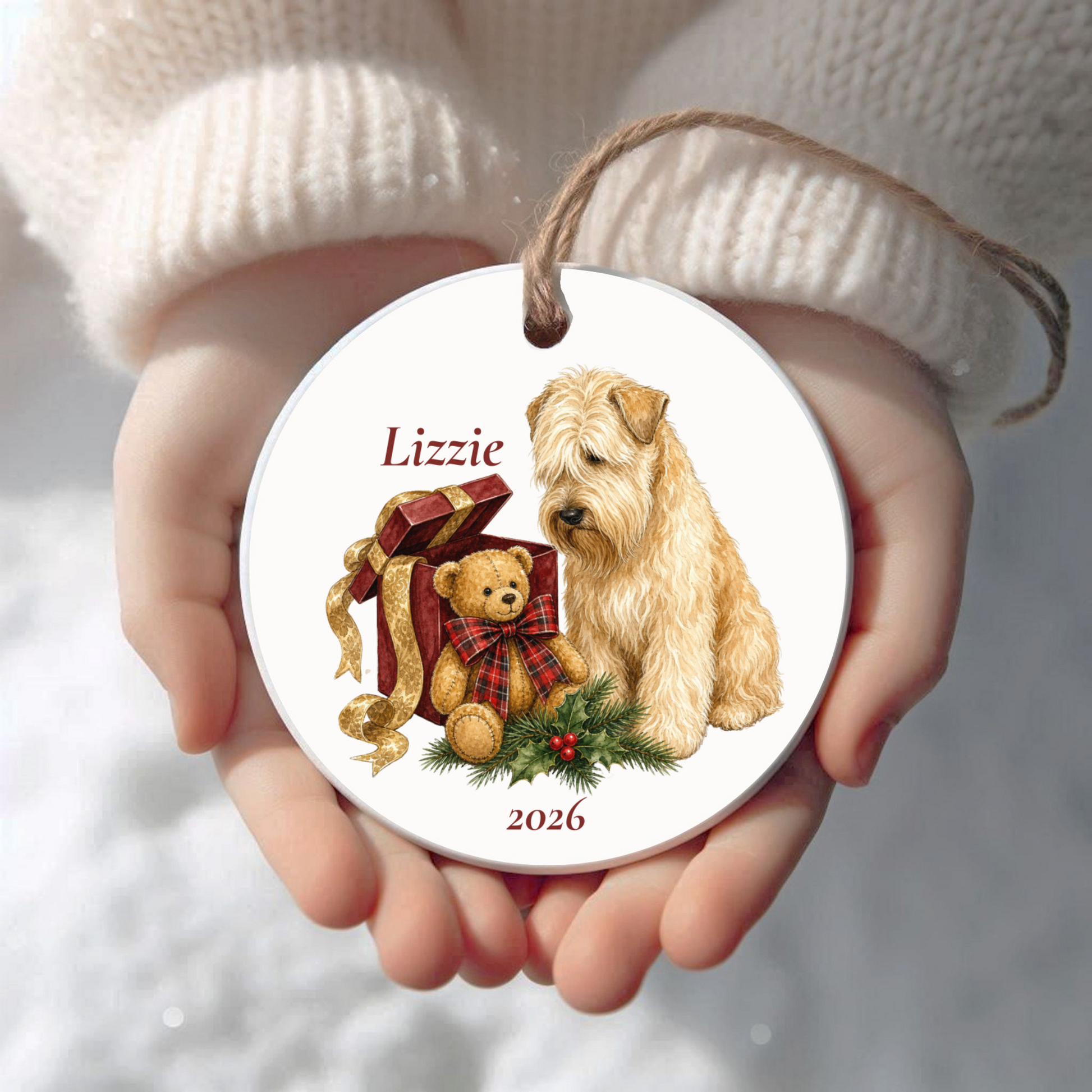 Personalized Wheaten Terrier Christmas ornament held in cupped hands