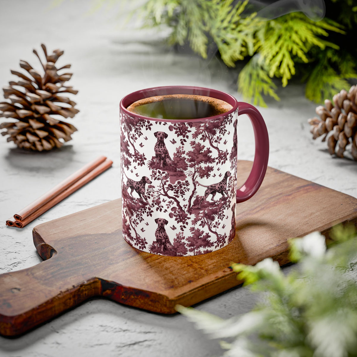 Dalmatian petite cranberry toile ceramic mug styled on a table, lifestyle photo