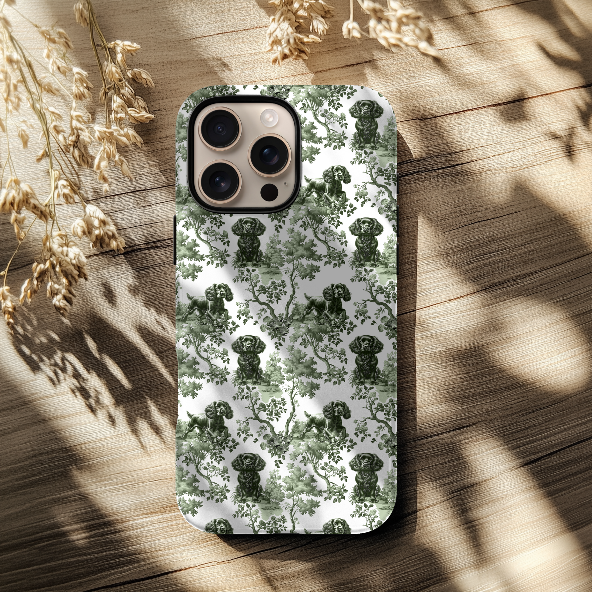 Sage green toile Boykin Spaniel phone case, back view