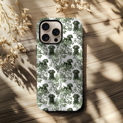 Sage green toile Boykin Spaniel phone case, back view