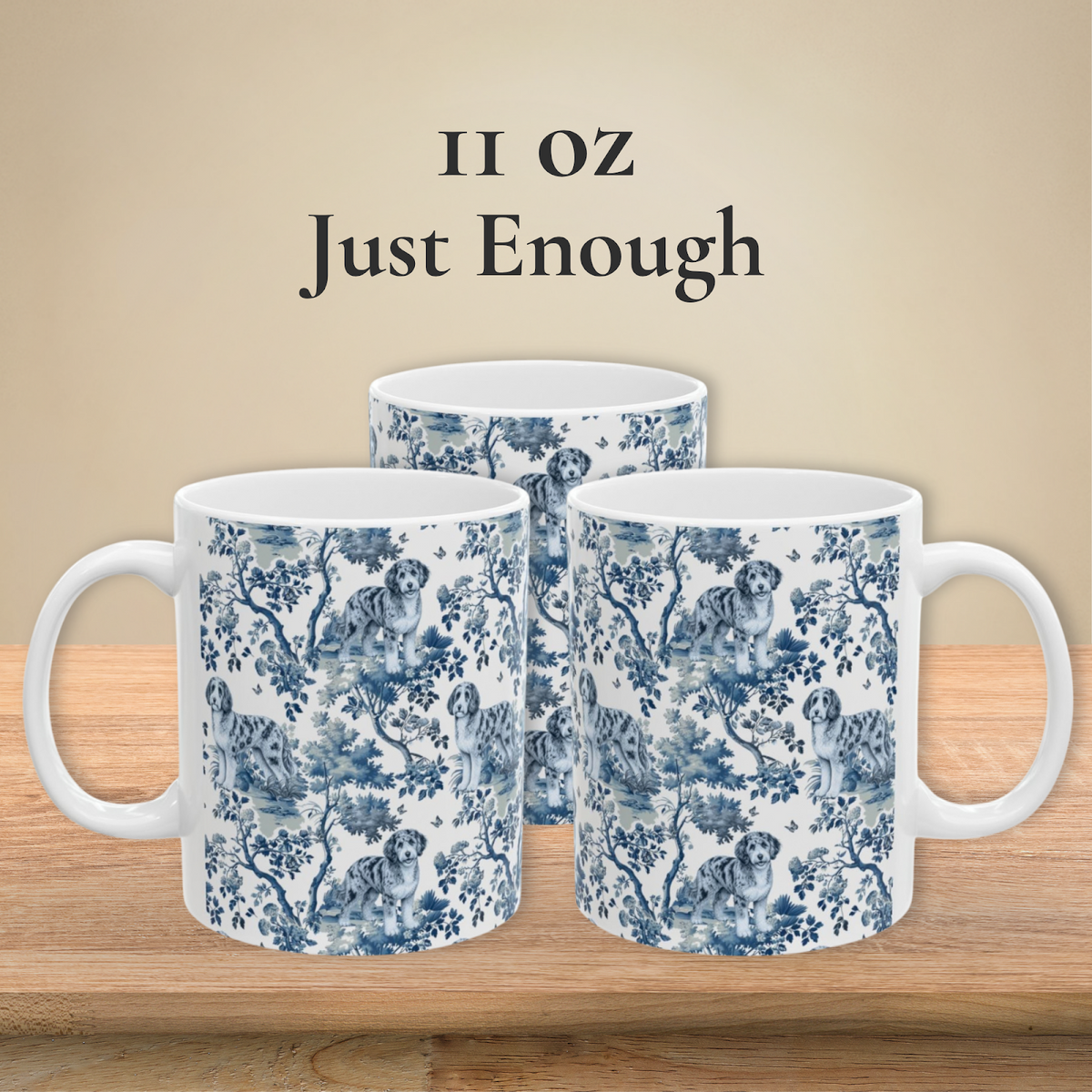 Aussiedoodle Garden Toile 11 oz ceramic mug — left, front and right views