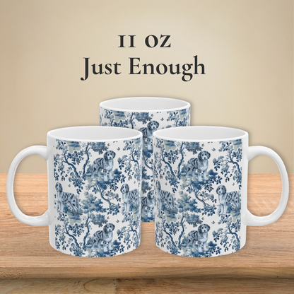 Aussiedoodle Garden Toile 11 oz ceramic mug — left, front and right views