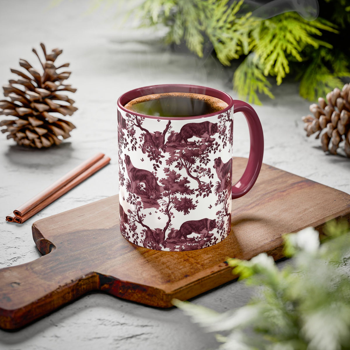 Border Collie petite cranberry toile ceramic mug styled on a table, lifestyle photo