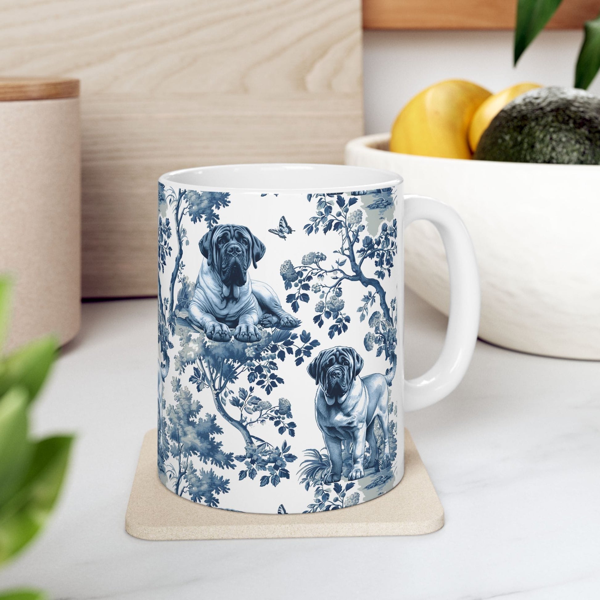Blue toile English Mastiff coffee mug, additional view