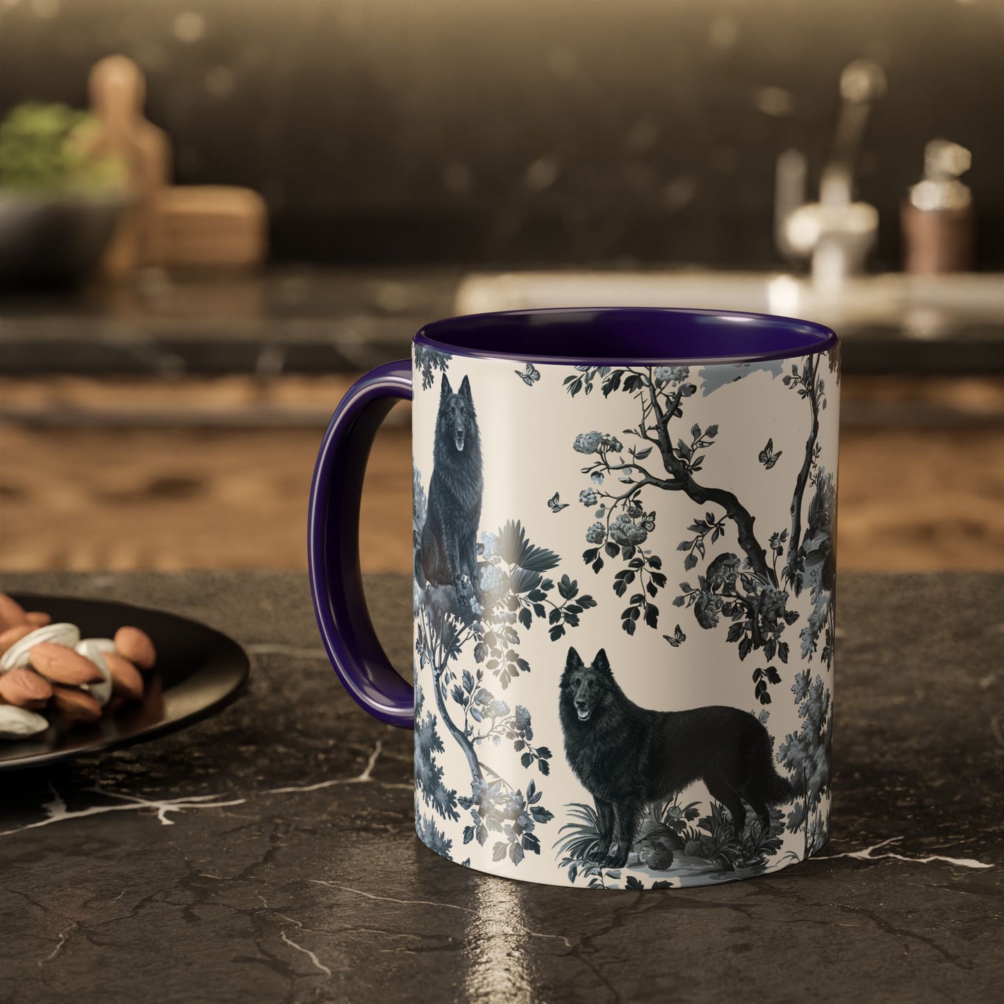 Belgian Sheepdog (Groenendael) Mug - Blue Toile Pattern