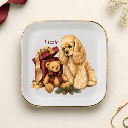 Personalized American Cocker Spaniel Christmas jewelry dish with gold rim