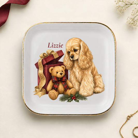 Personalized American Cocker Spaniel Christmas jewelry dish with gold rim