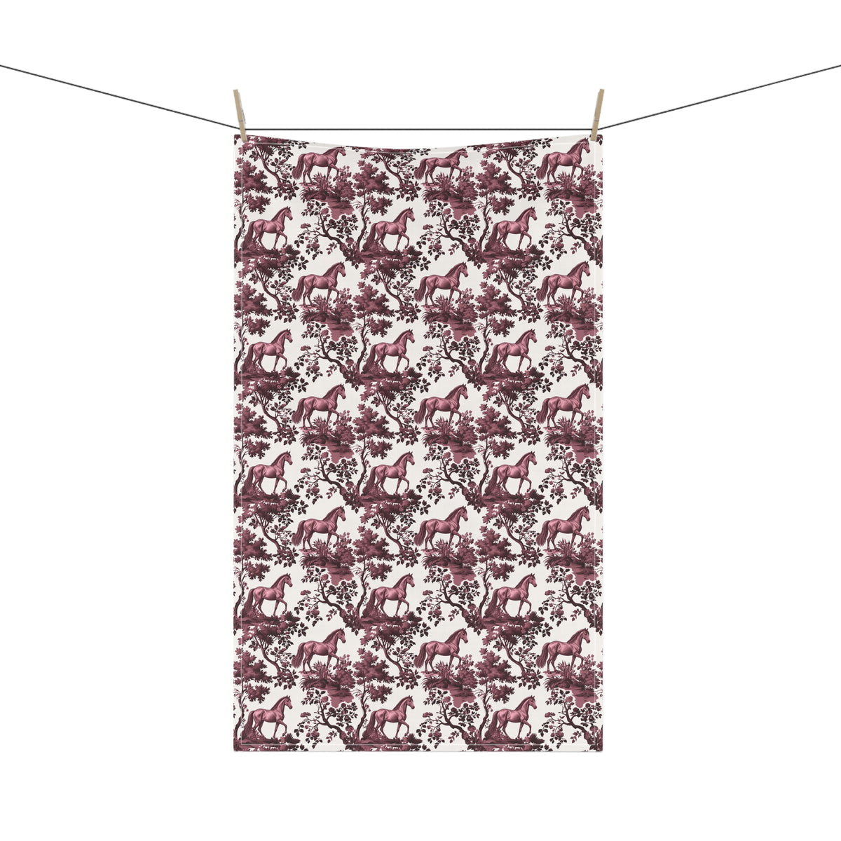 Horse Tea Towel with cranberry toile design, hanging from a clothesline, showing the full repeating design.