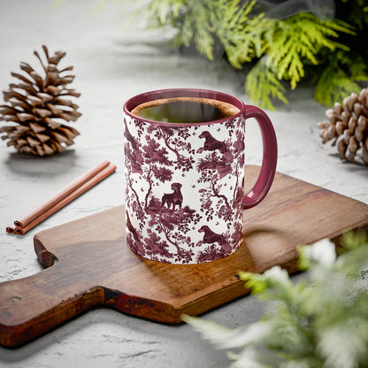 Doberman Uncropped petite cranberry toile ceramic mug styled on a table, lifestyle photo