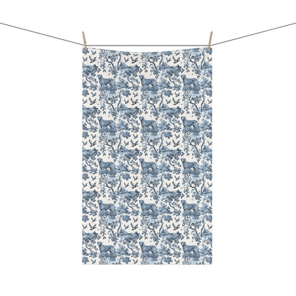 Chesapeake Bay Retriever Tea Towel with blue toile design, hanging from a clothesline, showing the full repeating design.