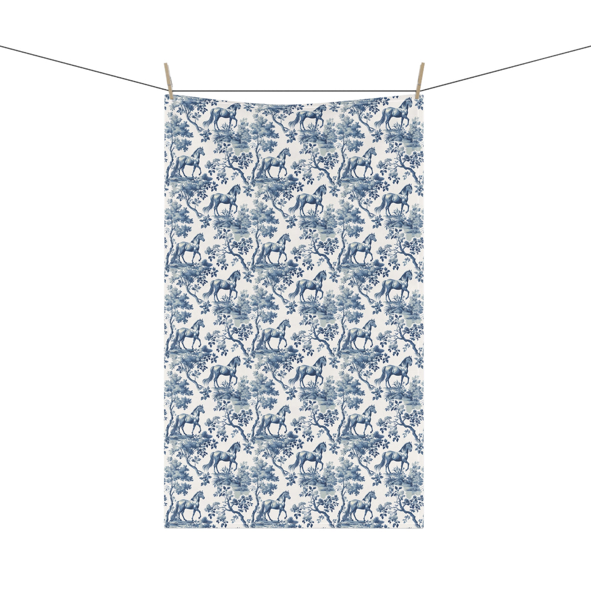 Horse Tea Towel with blue toile design, hanging from a clothesline, showing the full repeating design.
