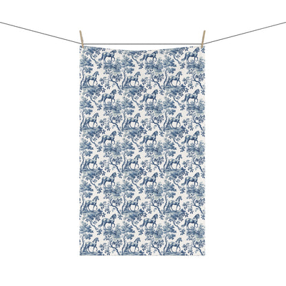 Horse Tea Towel with blue toile design, hanging from a clothesline, showing the full repeating design.