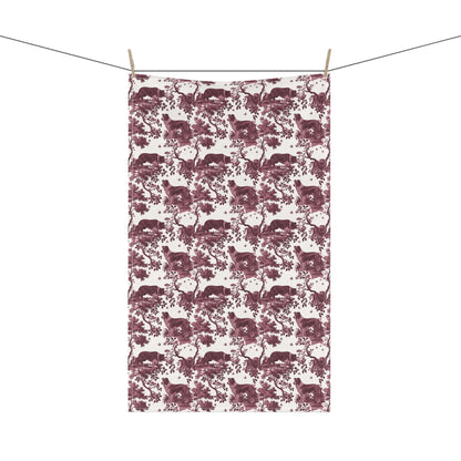 Border Collie Tea Towel with cranberry toile design, hanging from a clothesline, showing the full repeating design.