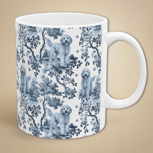 Goldendoodle Garden Toile 11 oz ceramic mug, right view
