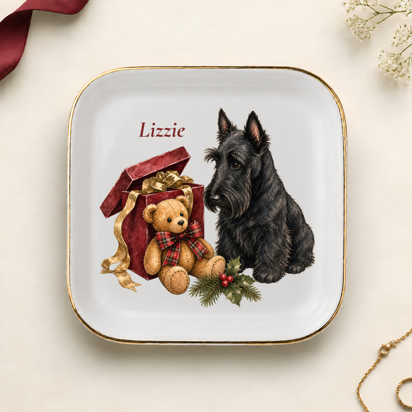 Personalized Scottish Terrier Christmas jewelry dish with gold rim