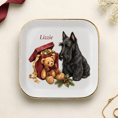 Personalized Scottish Terrier Christmas jewelry dish with gold rim