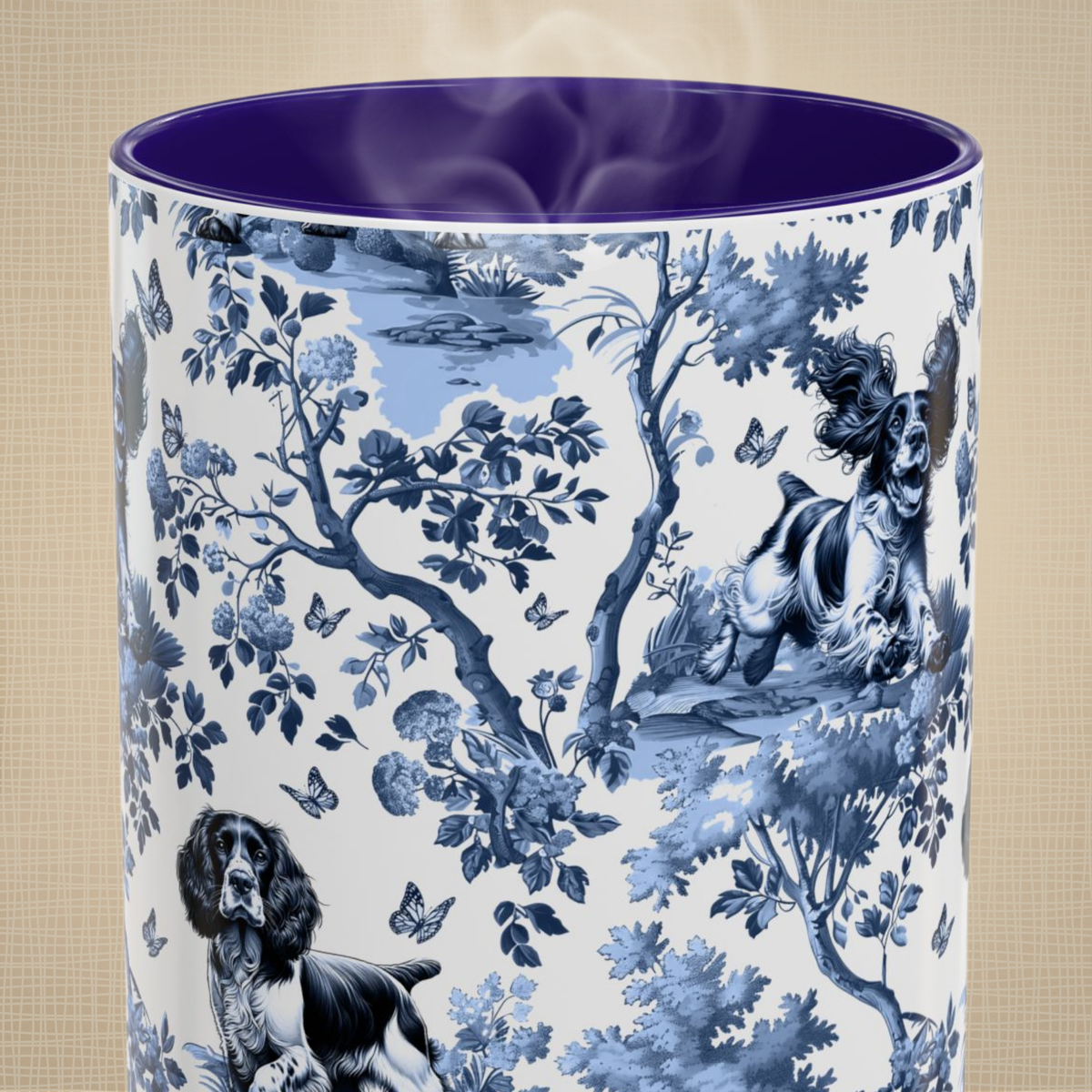 English Springer Spaniel · Garden Toile Deux · Navy Blue Handle Mug