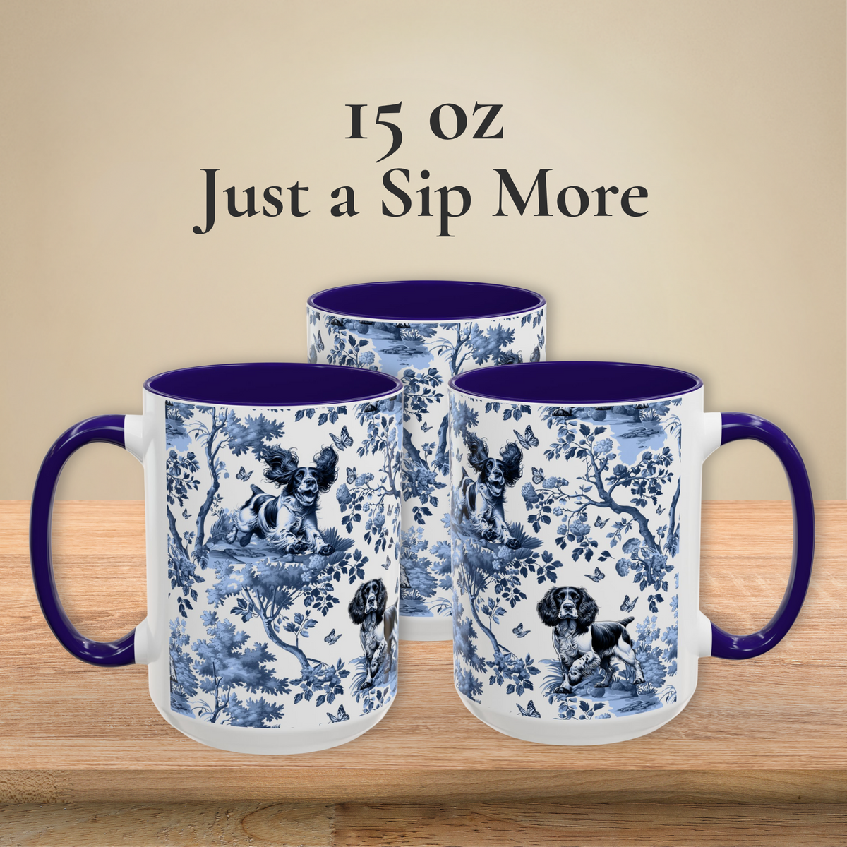 English Springer Spaniel · Garden Toile Deux · Navy Blue Handle Mug