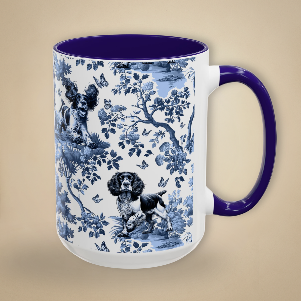 English Springer Spaniel · Garden Toile Deux · Navy Blue Handle Mug
