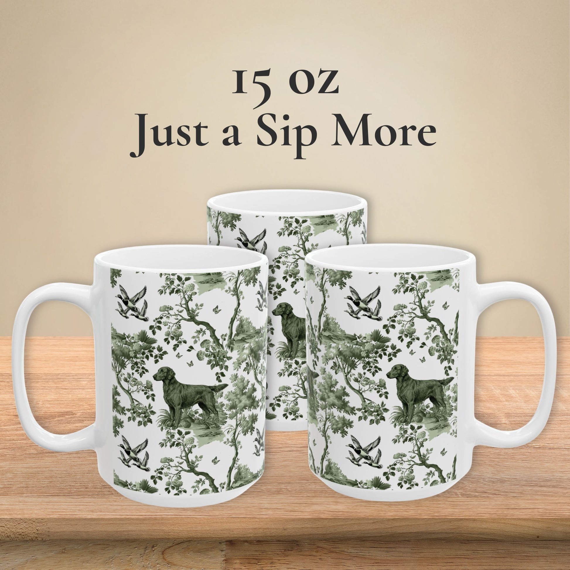 15 oz sage green toile Flat-Coated Retriever coffee mug, side view