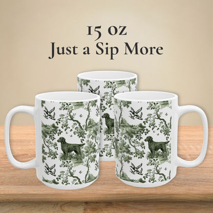 15 oz sage green toile Flat-Coated Retriever coffee mug, side view