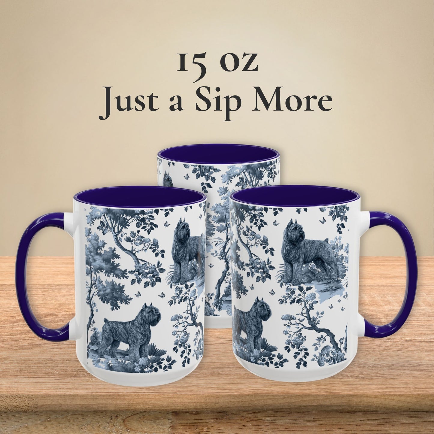 15 oz blue toile Bouvier des Flandres coffee mug, side view