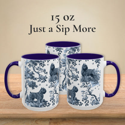 15 oz blue toile Bouvier des Flandres coffee mug, side view