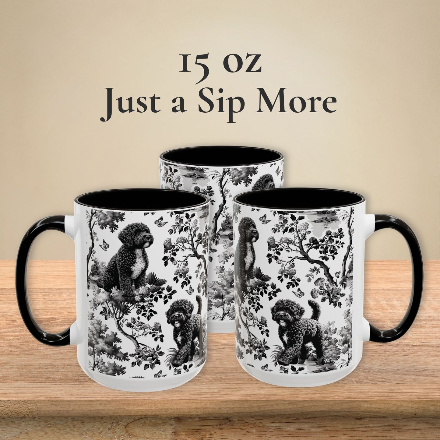 15 oz black toile Portuguese Water Dog coffee mug, side view