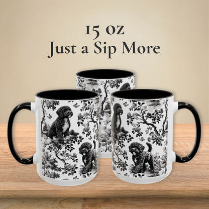 15 oz black toile Portuguese Water Dog coffee mug, side view