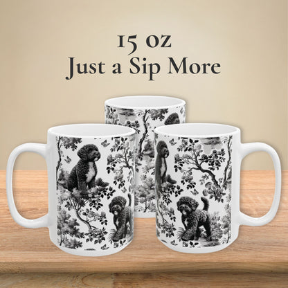 15 oz black toile Portuguese Water Dog coffee mug, side view
