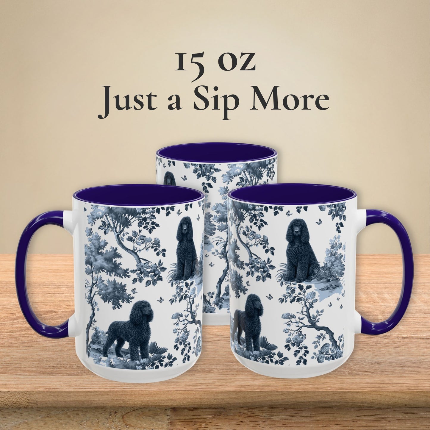 15 oz blue toile Irish Water Spaniel coffee mug, side view