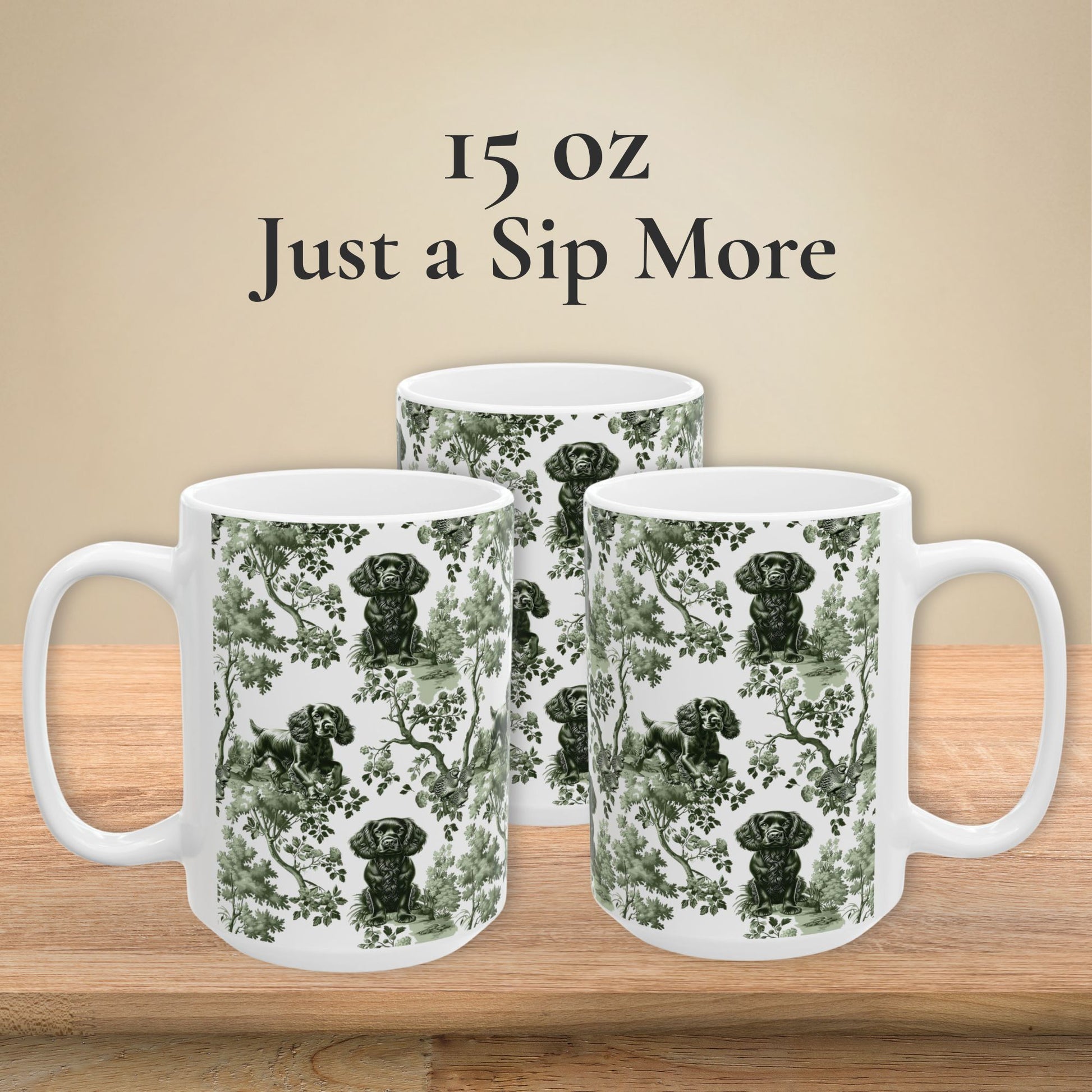 15 oz sage green toile Boykin Spaniel coffee mug, side view