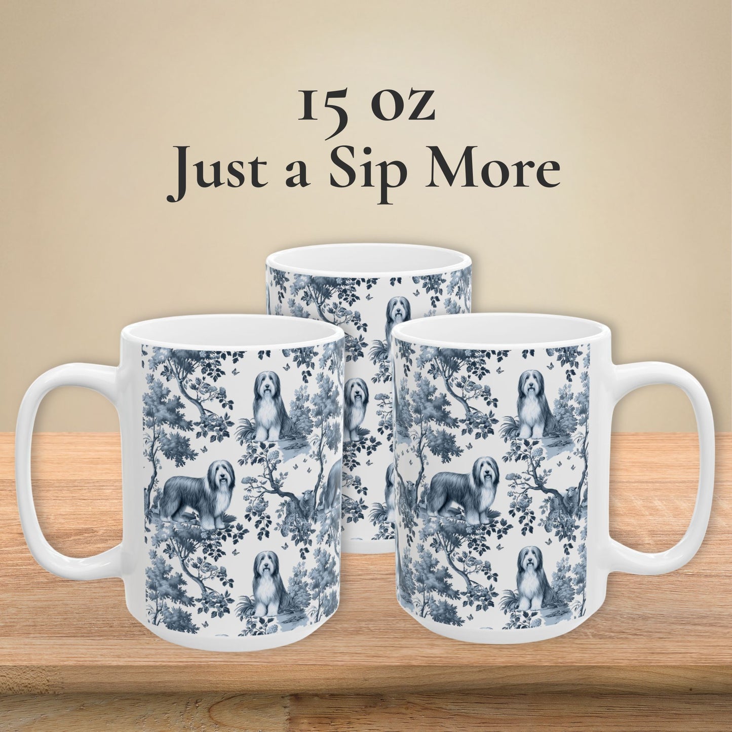 15 oz blue toile Bearded Collie coffee mug, side view
