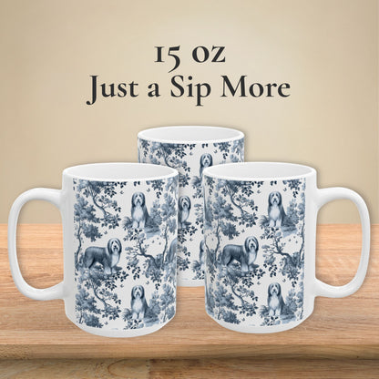 15 oz blue toile Bearded Collie coffee mug, side view