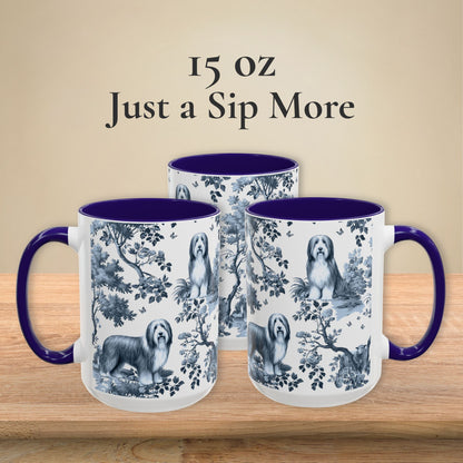 15 oz blue toile Bearded Collie coffee mug, side view
