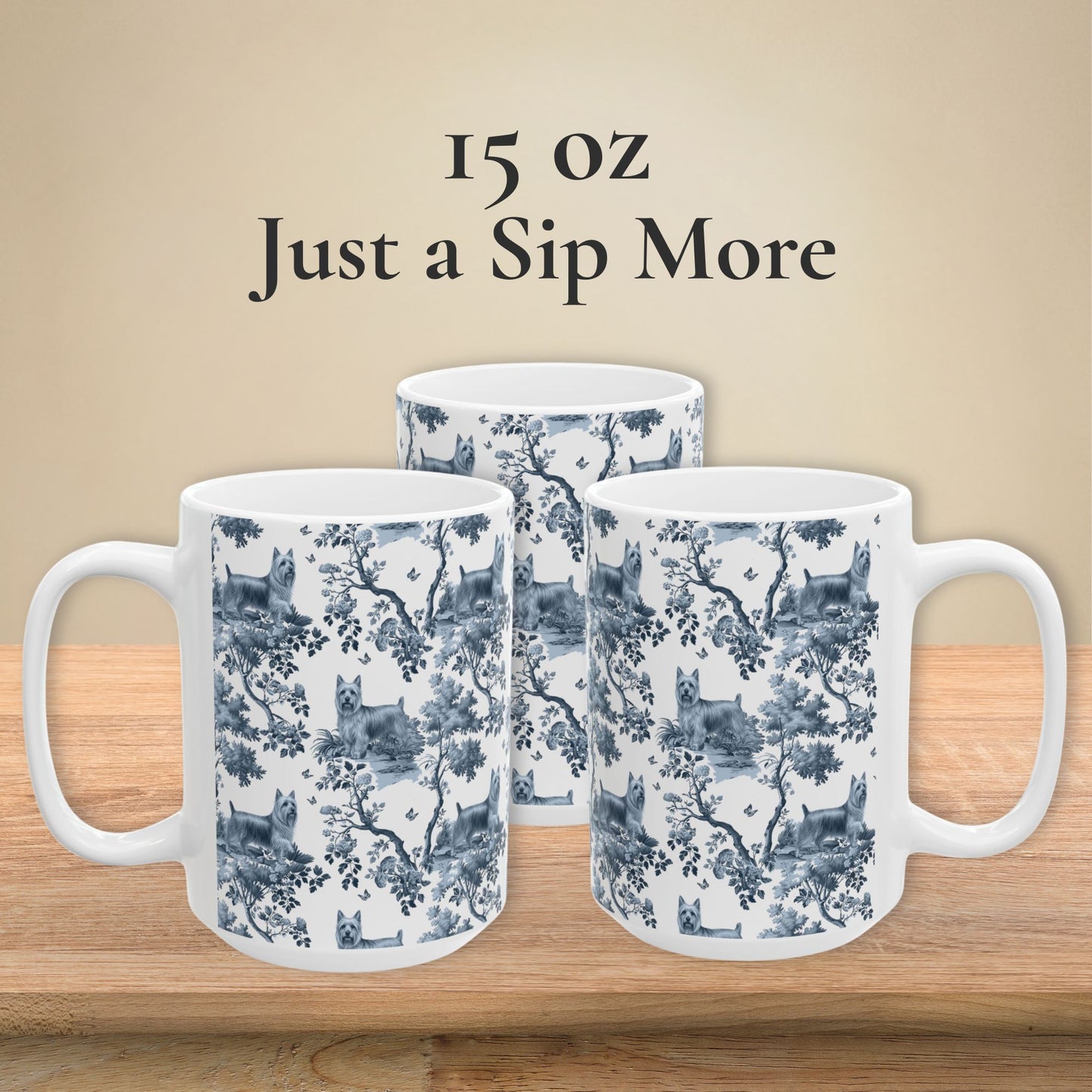 15 oz blue toile Silky Terrier coffee mug, side view