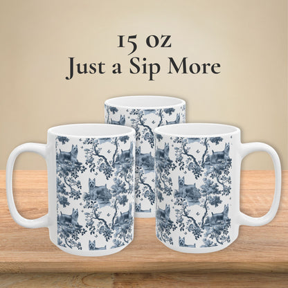 15 oz blue toile Silky Terrier coffee mug, side view