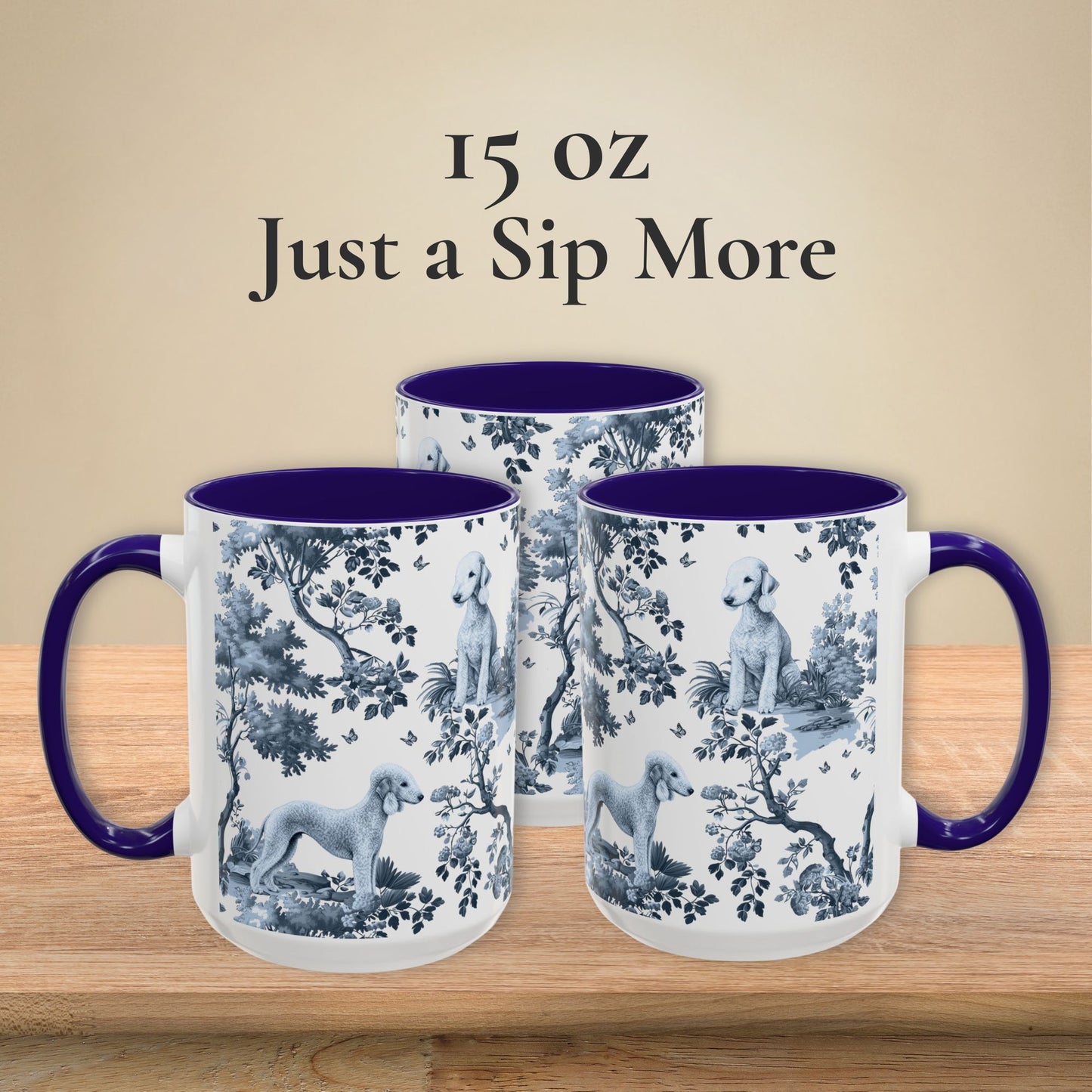 15 oz blue toile Bedlington Terrier coffee mug, side view