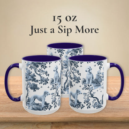 15 oz blue toile Bedlington Terrier coffee mug, side view