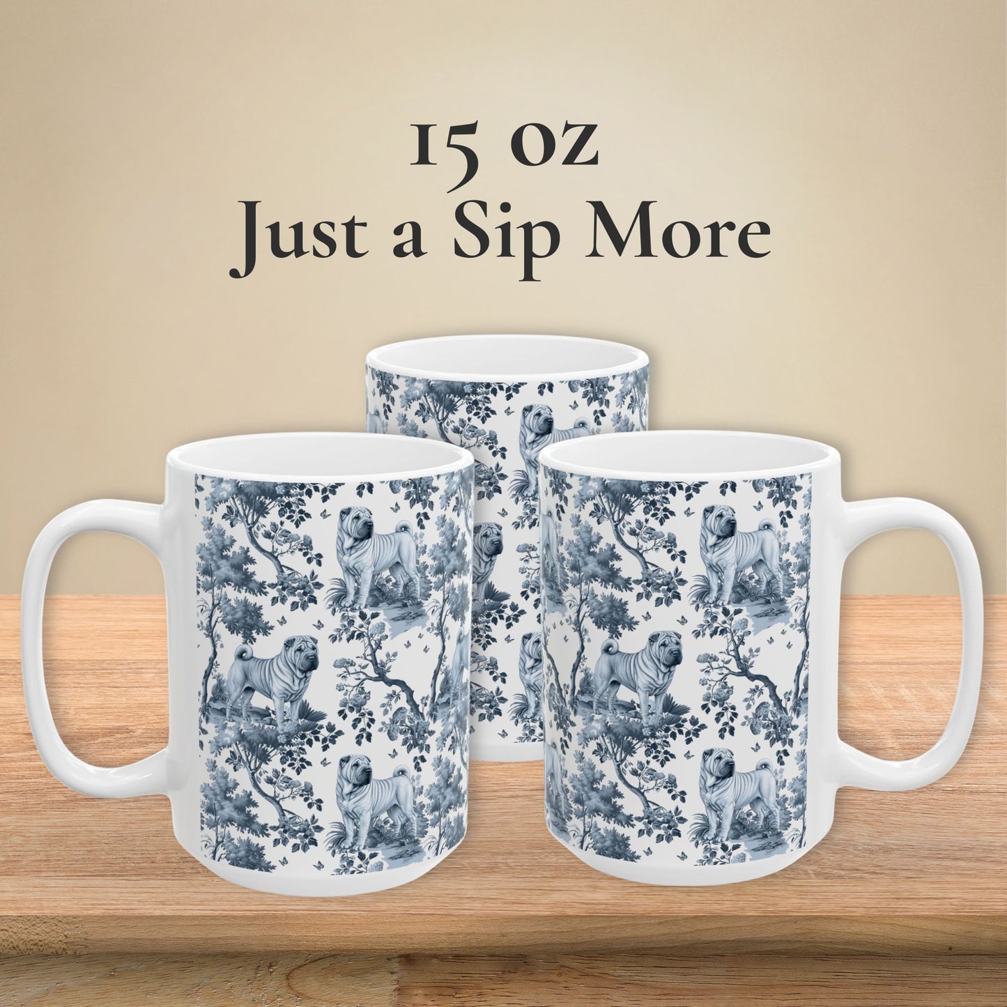 15 oz blue toile Chinese Shar-Pei coffee mug, side view
