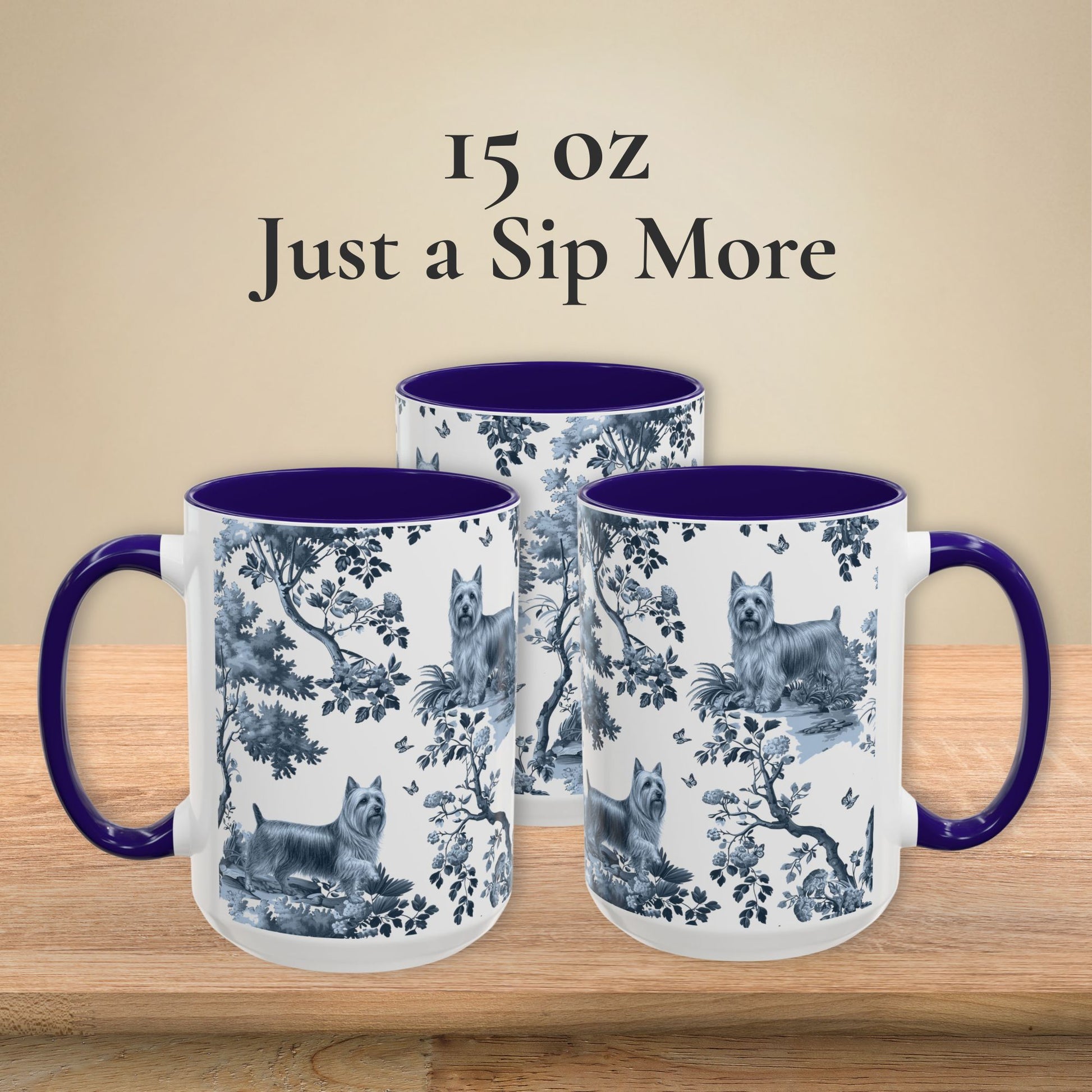 15 oz blue toile Silky Terrier coffee mug, side view