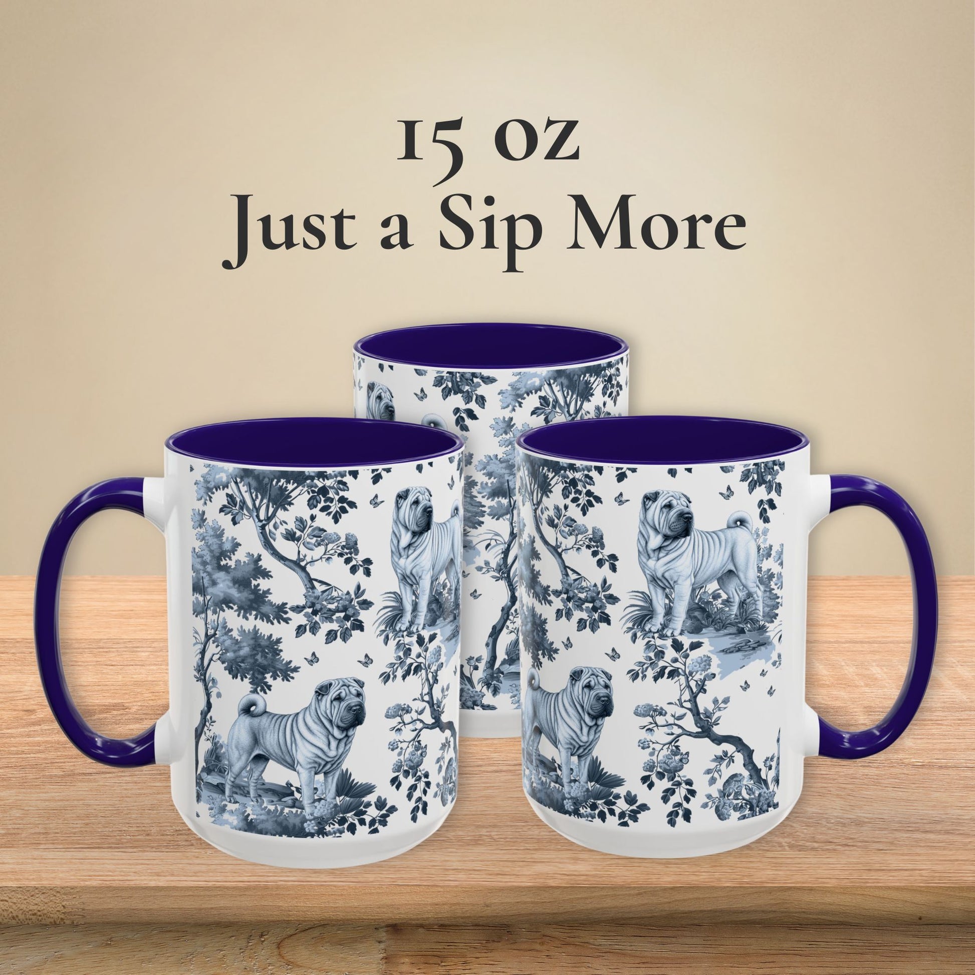 15 oz blue toile Chinese Shar-Pei coffee mug, side view