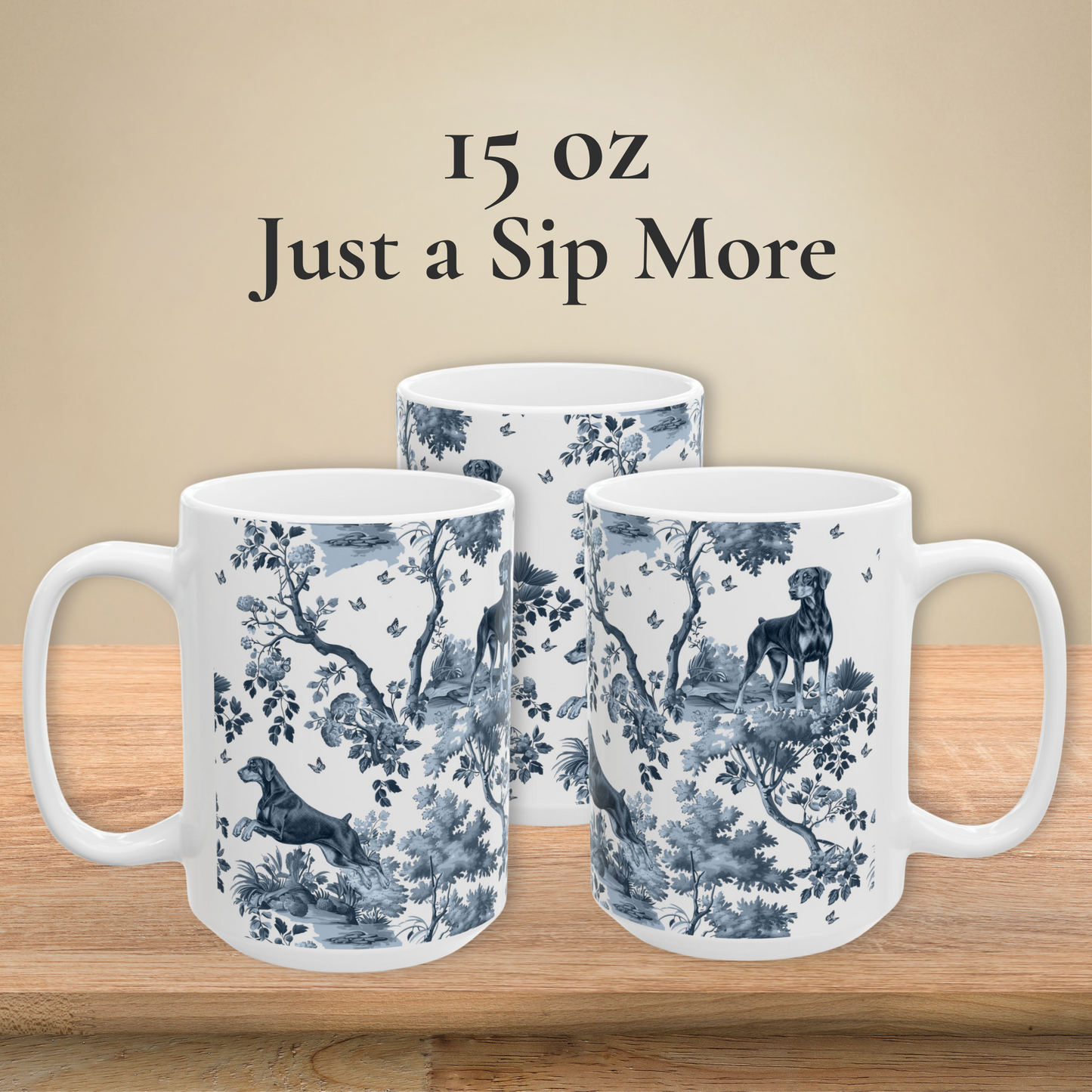 Doberman (Drop Ear) Mug - Blue Toile Pattern