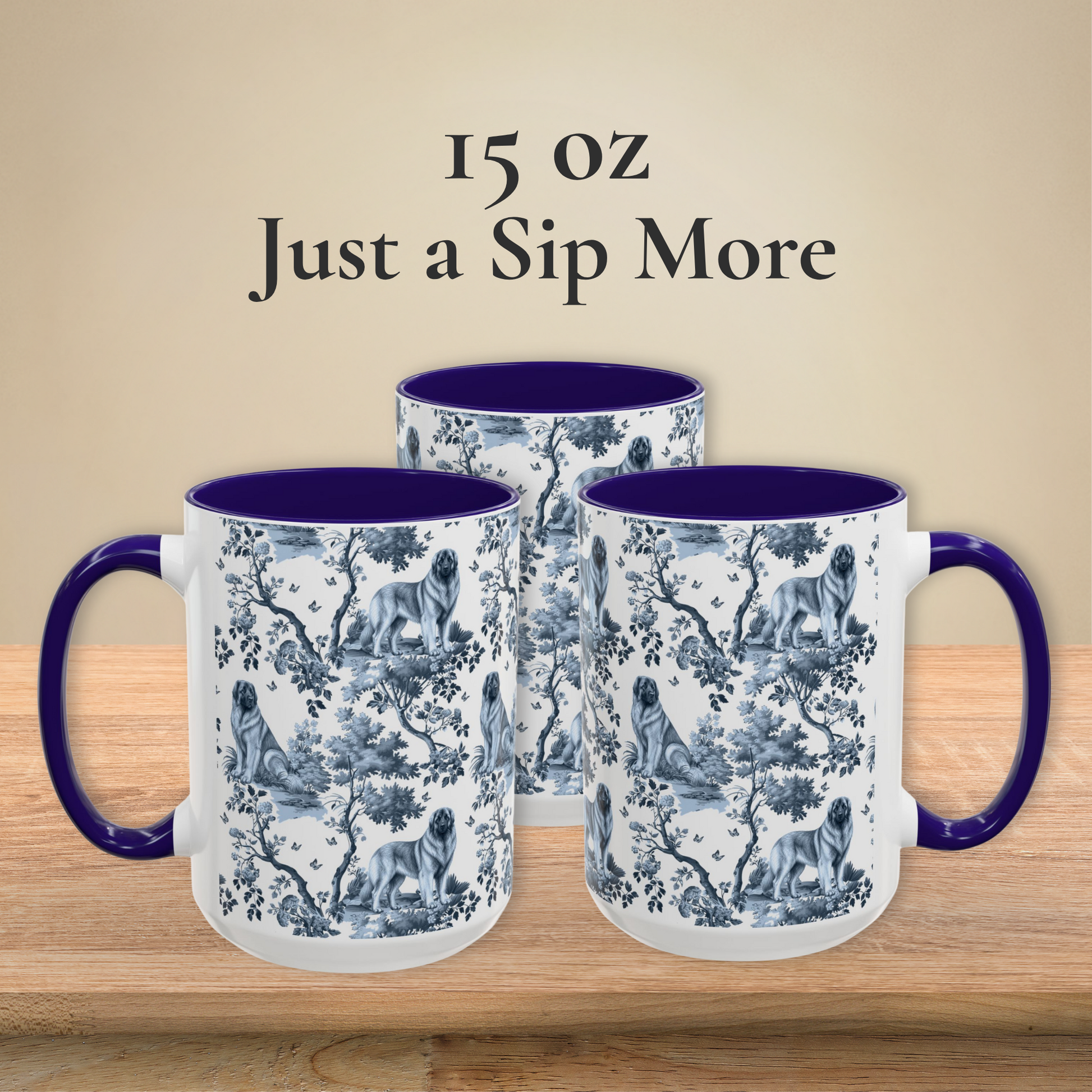Leonberger blue toile coffee mugs in 11 oz and 15 oz sizes