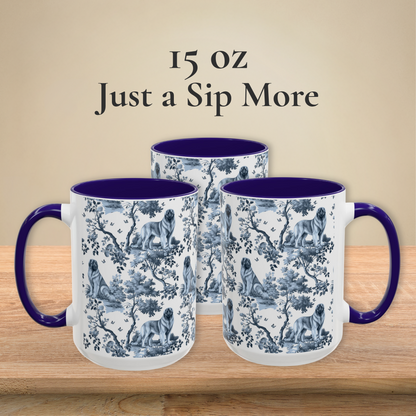 Leonberger blue toile coffee mugs in 11 oz and 15 oz sizes