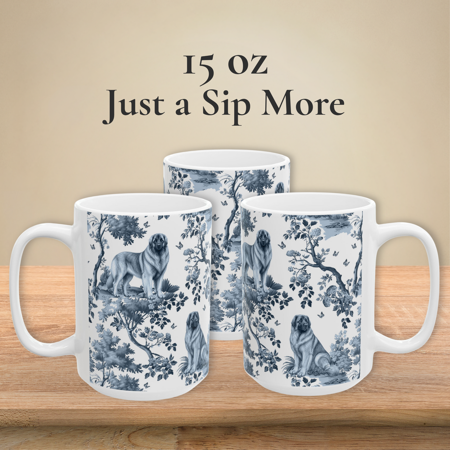 Leonberger blue toile white handle coffee mugs in 11 oz and 15 oz sizes