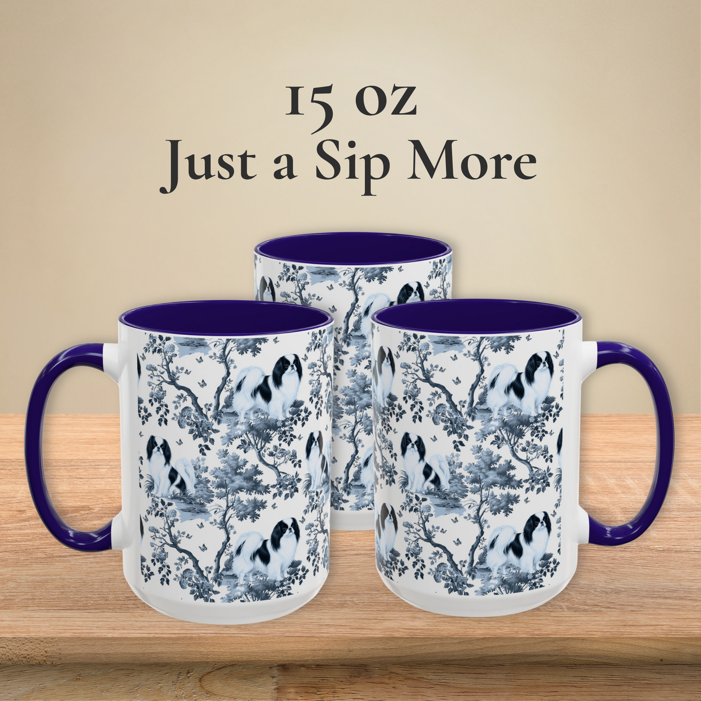Japanese Chin blue toile coffee mugs in 11 oz and 15 oz sizes
