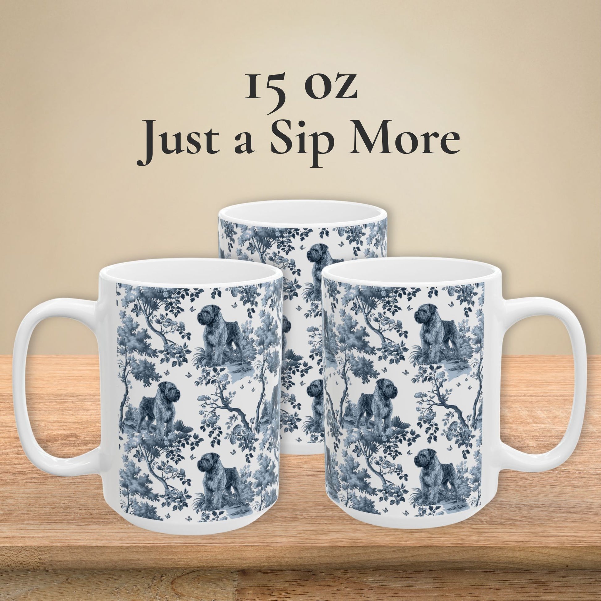 15 oz blue toile Bouvier des Flandres coffee mug, side view