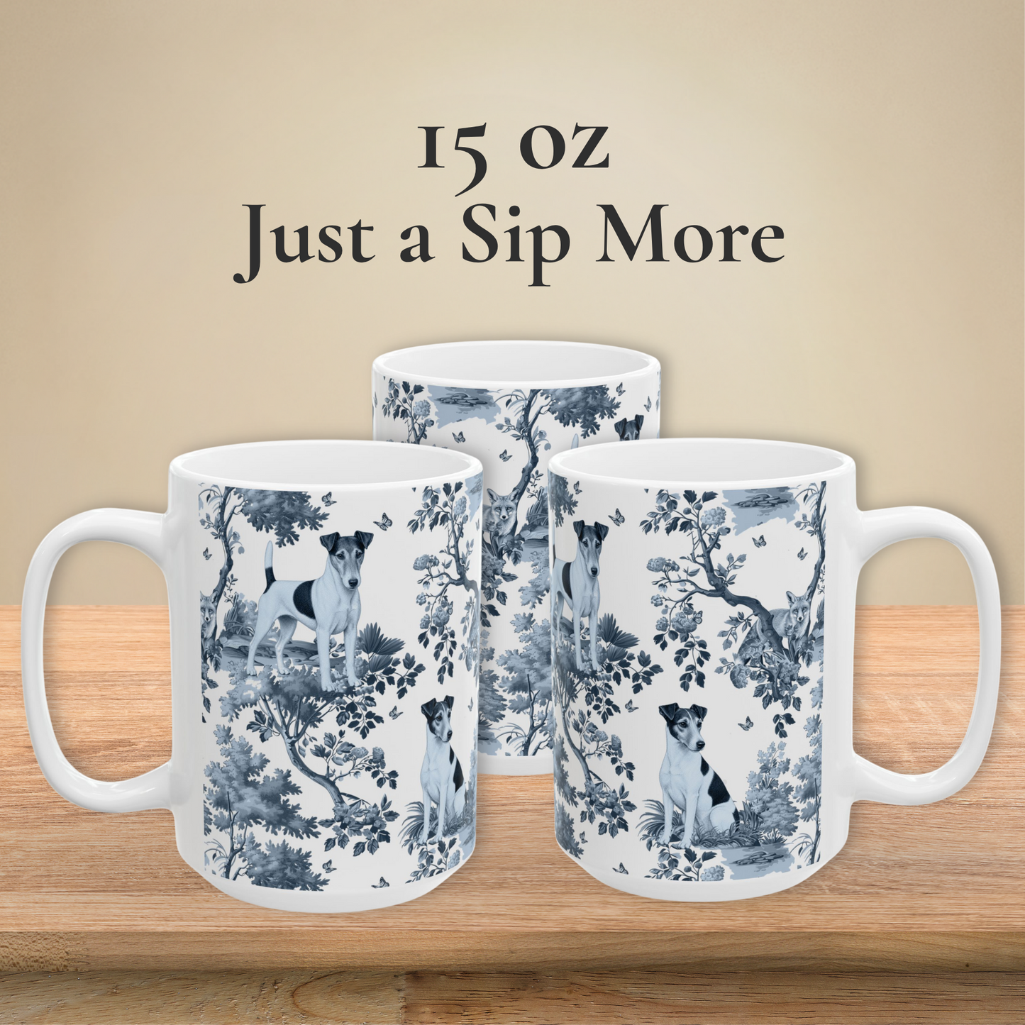 Japanese Chin blue toile white handle coffee mugs in 11 oz and 15 oz sizes